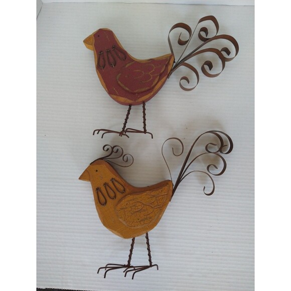 Wooden Metal Bird Statue Sculpture Folk Art Primitive Farm chicken decor - Picture 1 of 16